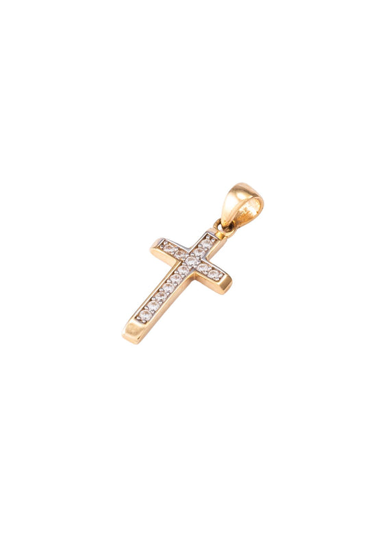 Dije de oro solido en 10 kilatac con forma de cruz un contorno de oro y en el centro zirconia, por la parte de atras liso .png