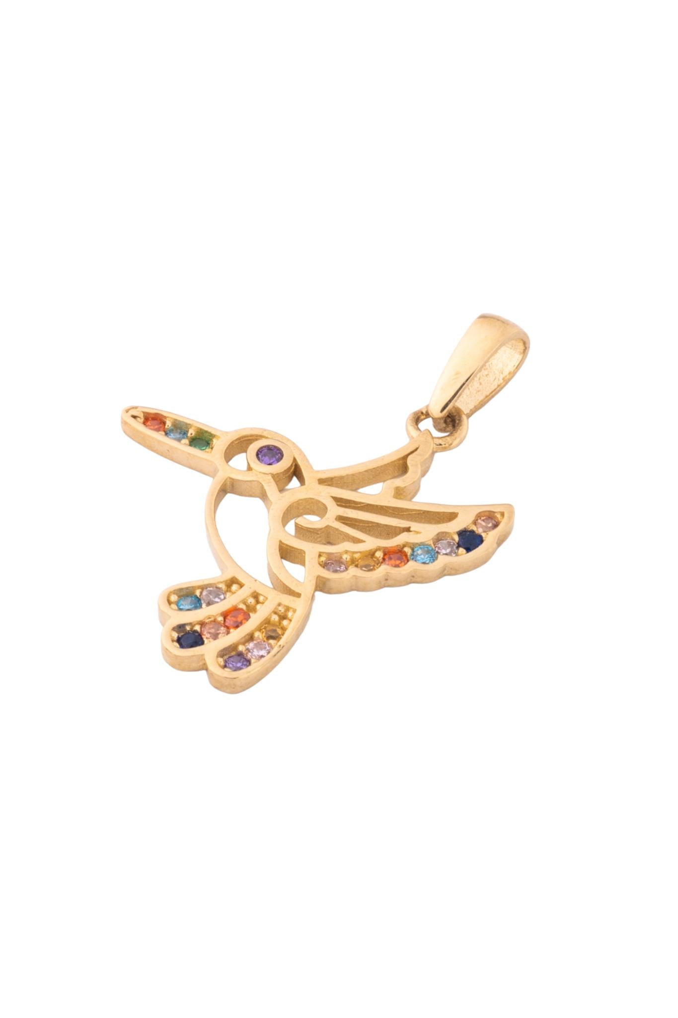 Dije de oro solido en 10 kilates con contorno de de colibrí hueco y por dentro piedras de colores en la cola y alas.png
