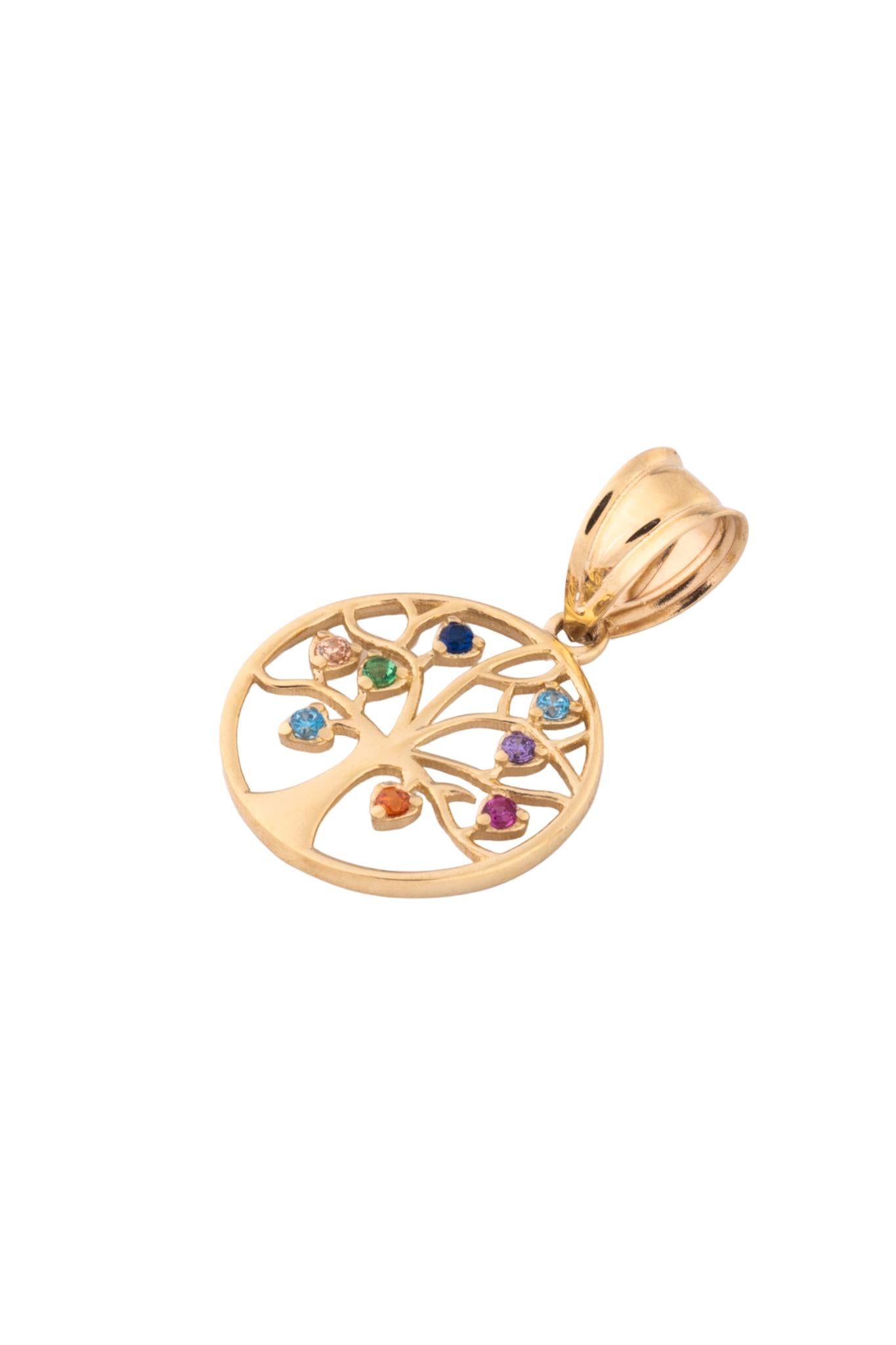 Dije de oro solido en 10 kilates con controno de arbol y en cada parte de hoja una piedra de color .png