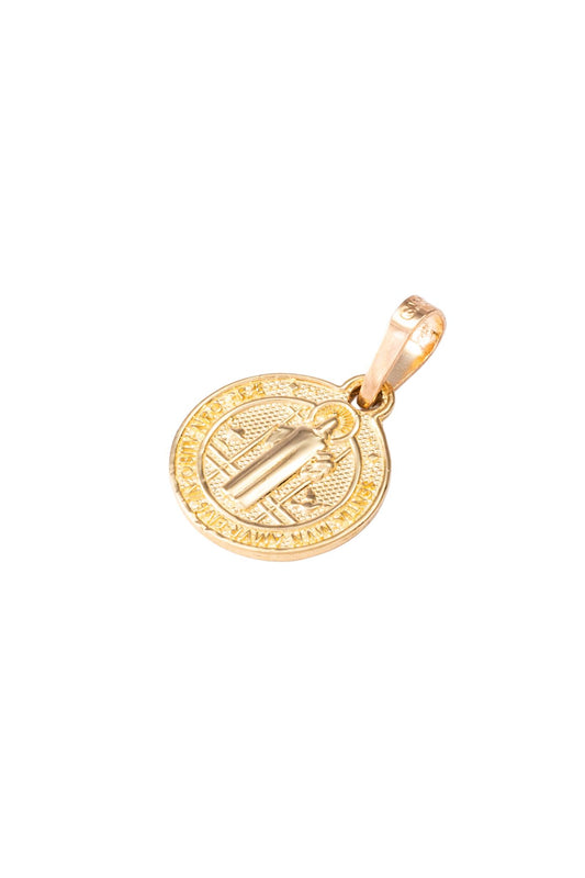 Dije de oro solido en 10 kilates con forma circular y de placa con san benito grande.png