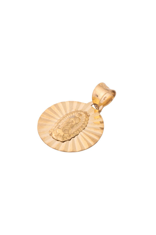 Dije de oro solido en 10 kilates con forma de circulo estilo diamantado y en el centro una virgen maria.png