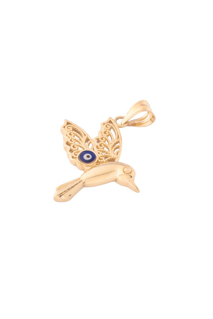 Dije de oro solido en 10 kilates con forma de colibri y en las alas un entrelazado con un ojo turco.png
