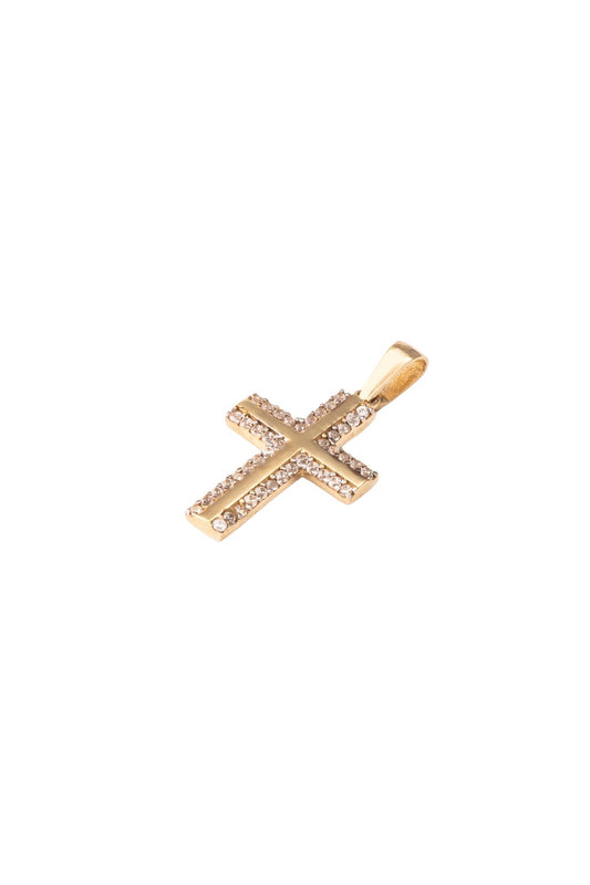 Dije de oro sólido en 10 kilates con forma de cruz centro lisa delgada y contorno de zirconias..png