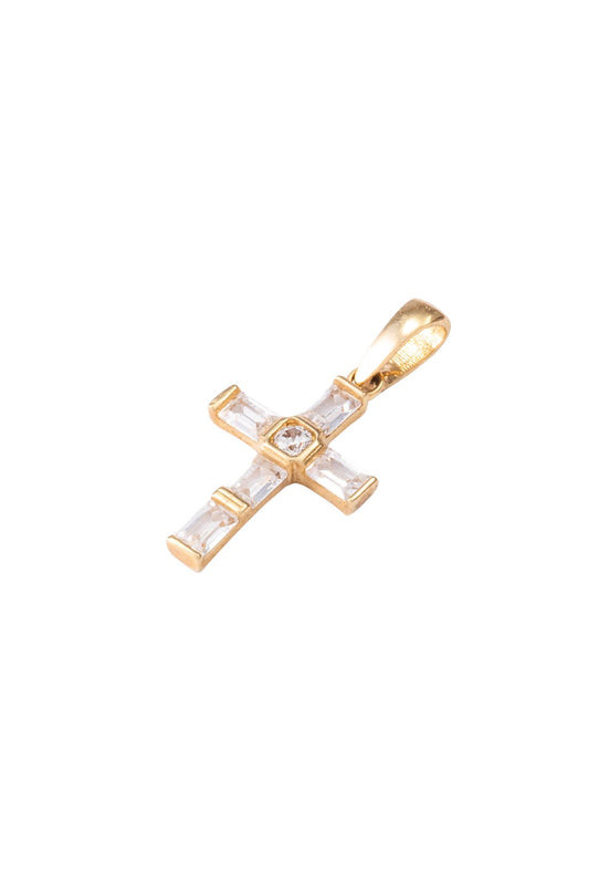 Dije de oro solido en 10 kilates con forma de cruz en zirconia cuadrada y un circulo en el centro .png