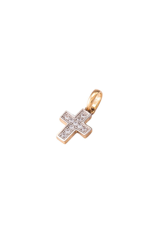 Dije de oro solido en 10 kilates con forma de cruz pequeña con zirconia y la parte de atras lisa.png