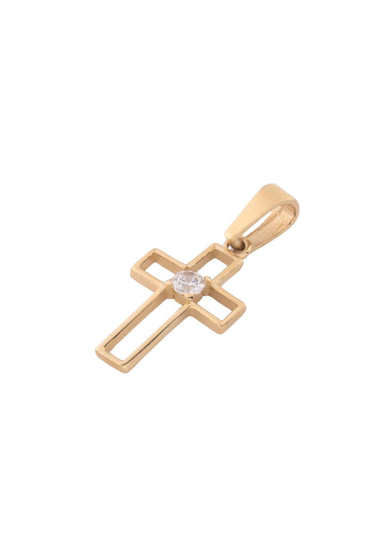 Dije de oro solido en 10 kilates con forma de cruz solo el contorno y en el centro una piedra de zirconia.png