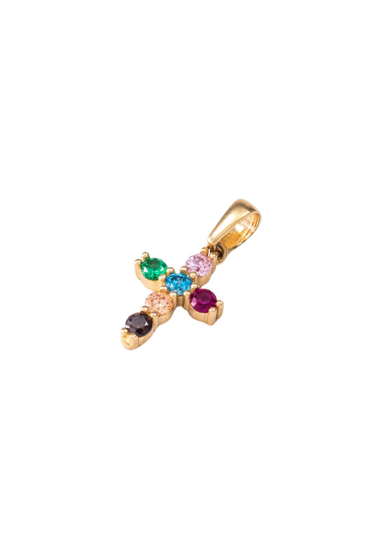 Dije de oro solido en 10 kilates con forma de cruz y zirconia en circulo de colores.png