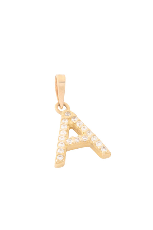 Dije de oro sólido en 10 kilates con forma de inicial de zirconias "A".png