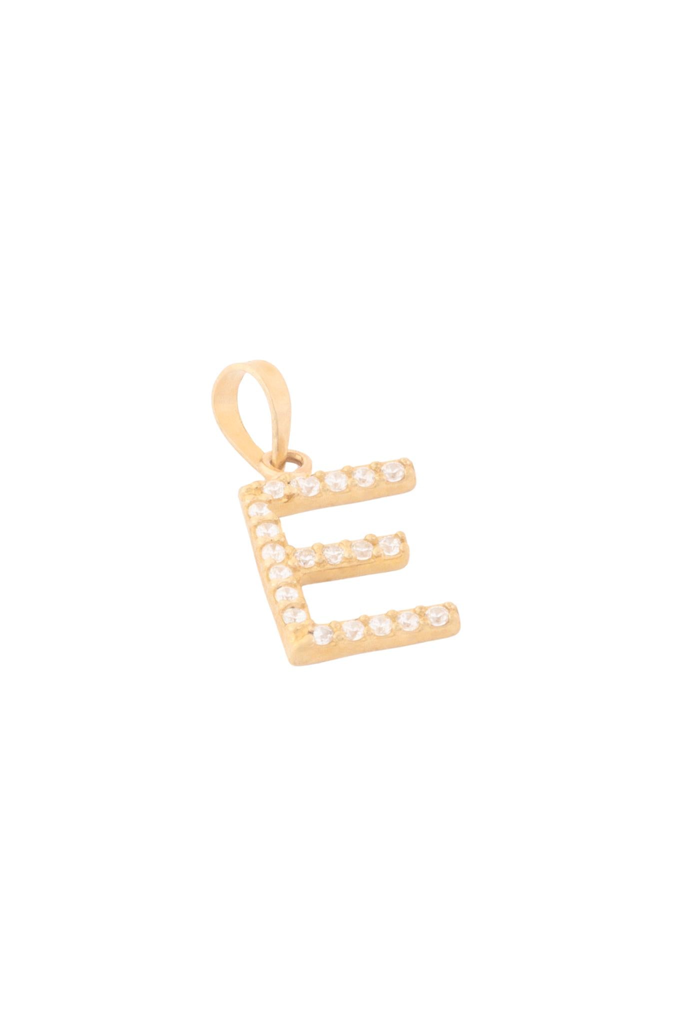 Dije de oro sólido en 10 kilates con forma de inicial de zirconias "E".png