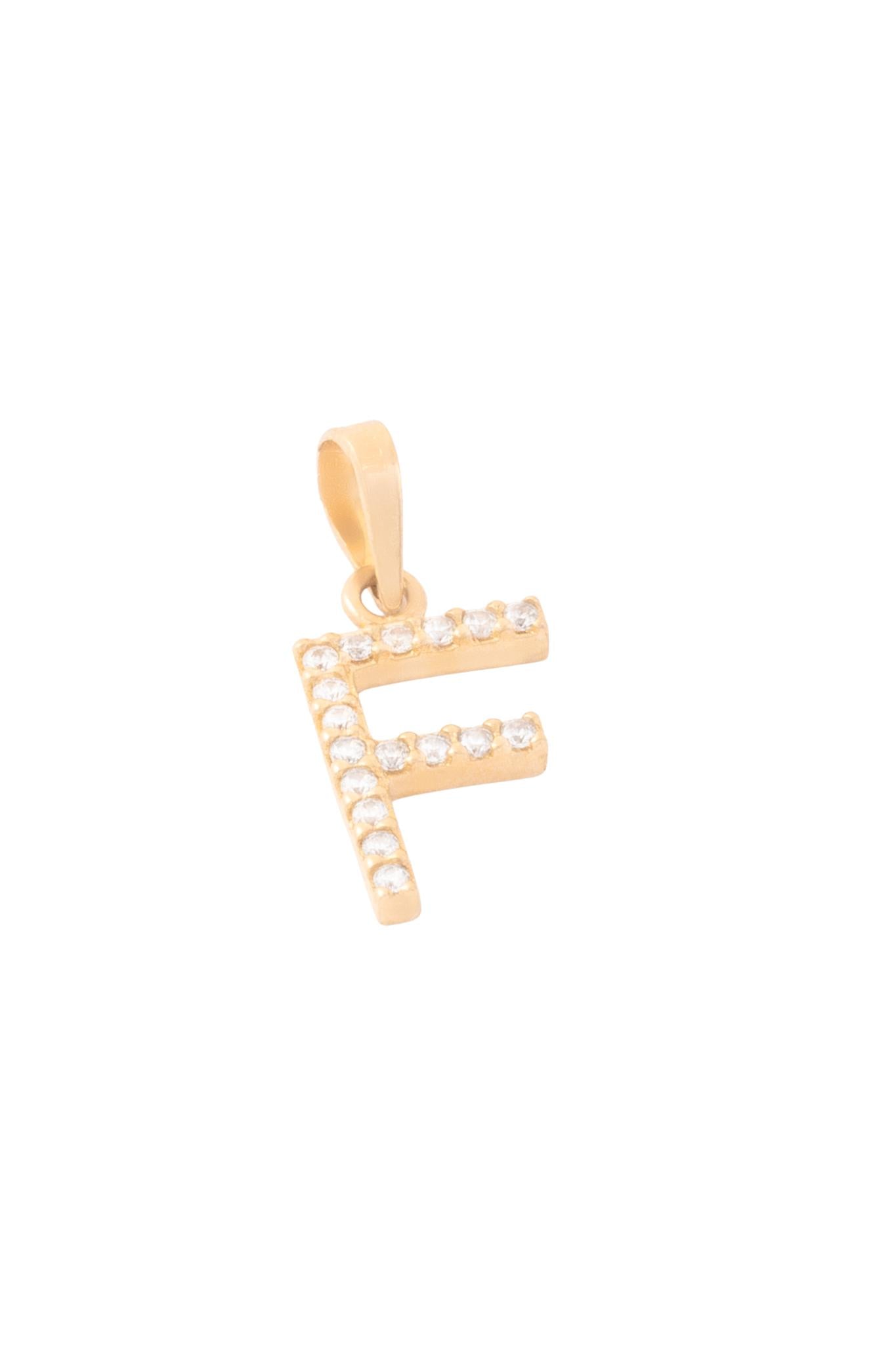 Dije de oro sólido en 10 kilates con forma de inicial de zirconias "F".png