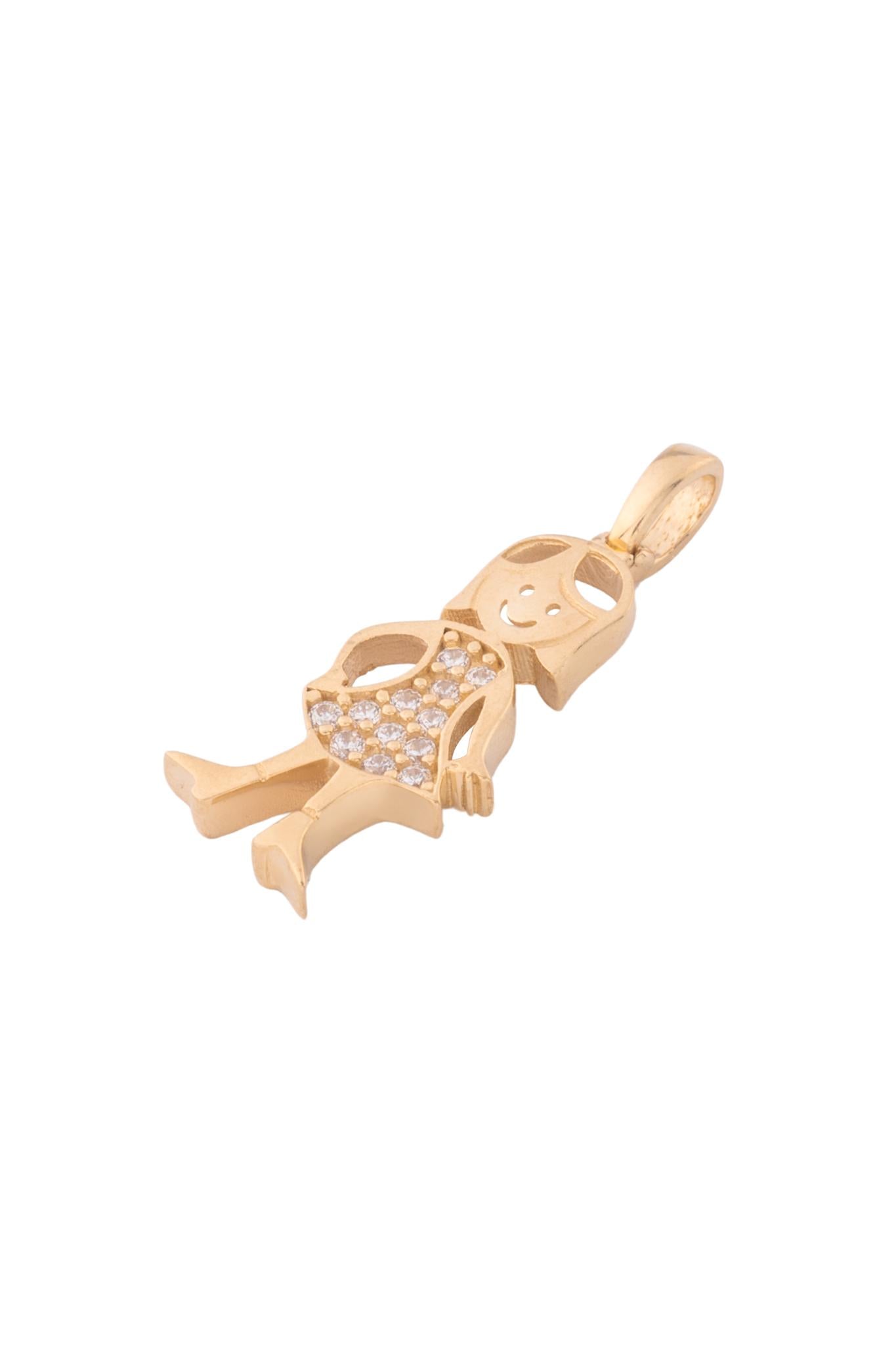 Dije de oro solido en 10 kilates con forma de niña y en la area del vestido repleto de zirconia estilo dorado.png