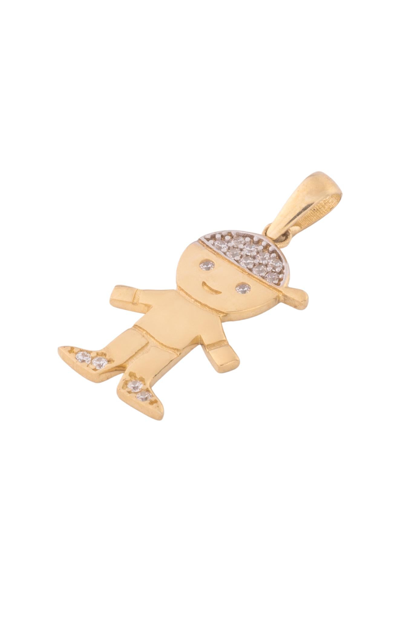 Dije de oro solido en 10 kilates con forma de niño y en la parte de la gorra zirconia estilo grande.png