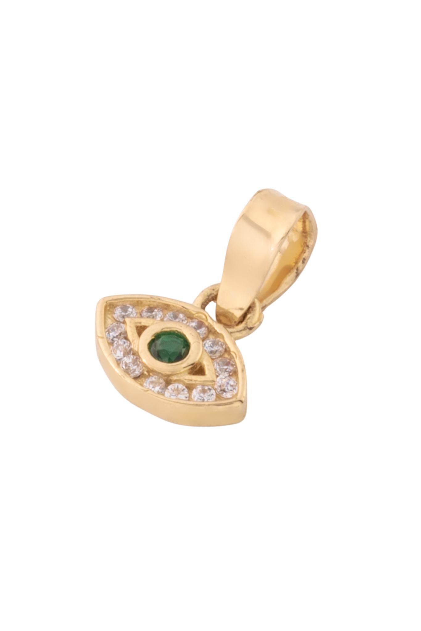 Dije de oro solido en 10 kilates con forma de ojo y el centro repleto de zirconia pero en el centro un punto de color verde.png