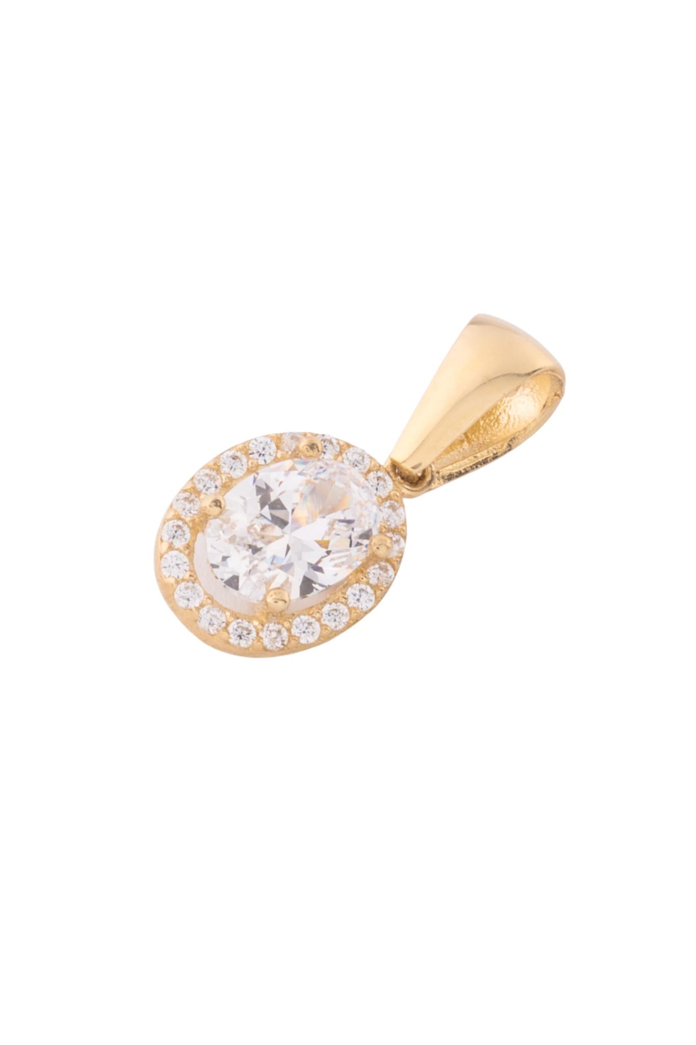 Dije de oro solido en 10 kilates con forma de ovalo con un controrno de zirconia y en el centro una piedra .png