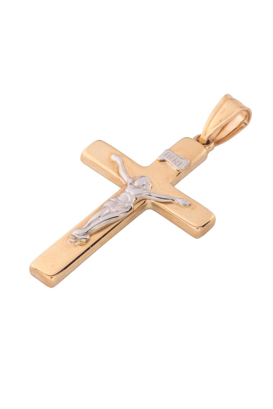 Dije de oro solido en 10 kilates en forma de cruz semi cuadrada y redonda pero en el centro un cristo en oro blanco .png
