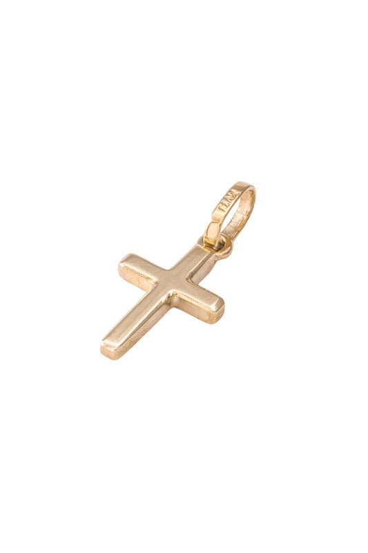 Dije de oro sólido en 14 kilates con forma de cruz 3D chica delgada oro amarillo lisa..png