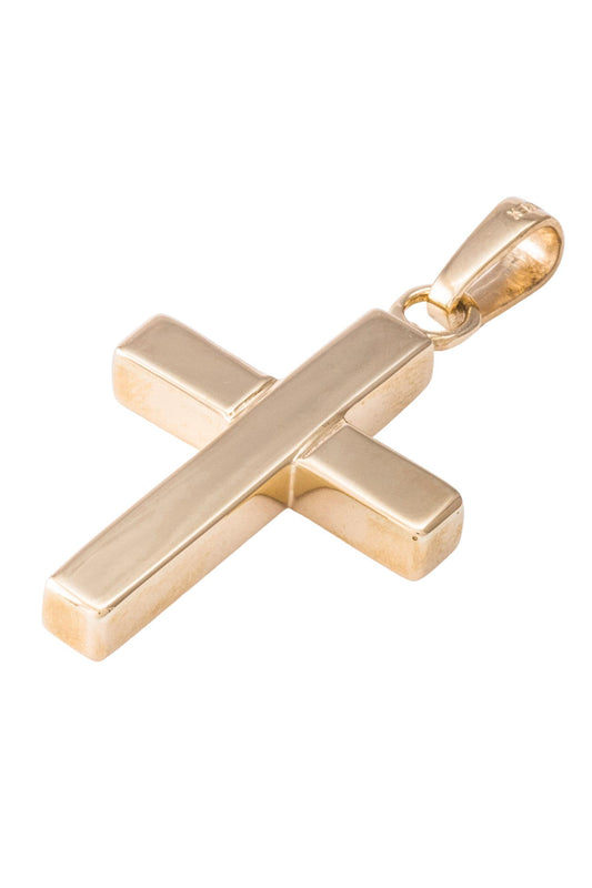 Dije de oro sólido en 14 kilates con forma de cruz ancha 3D y línea de división vertical..png