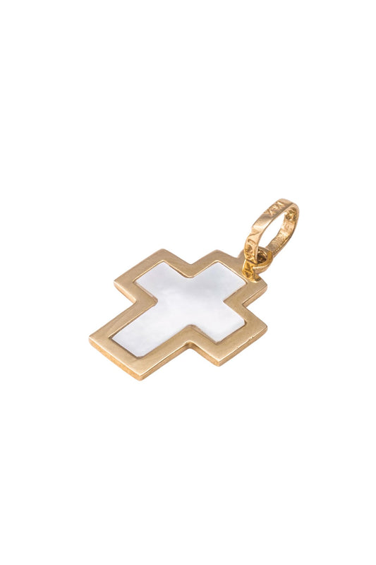 Dije de oro sólido en 14 kilates con forma de cruz centro madre perla ancha contorno bisel liso oro amarillo..png