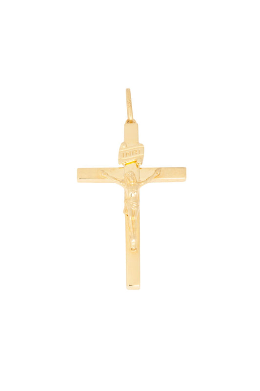 Dije de oro sólido en 14 kilates con forma de cruz cuadrada con un cristo dorado .png
