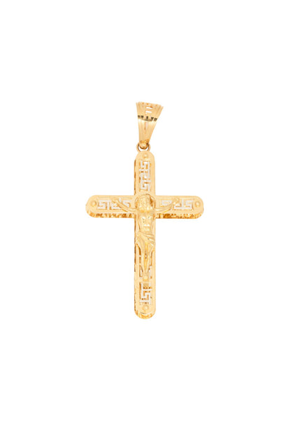Dije de oro sólido en 14 kilates con forma de cruz doble con grietas en oro blanco con un cristo dorado arriba .png
