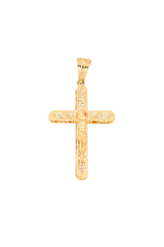 Dije de oro sólido en 14 kilates con forma de cruz doble con grietas en oro blanco con un cristo dorado arriba .png