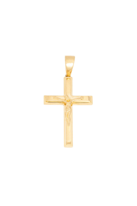 Dije de oro sólido en 14 kilates con forma de cruz doble con un cristo en oro dorado arriba.png