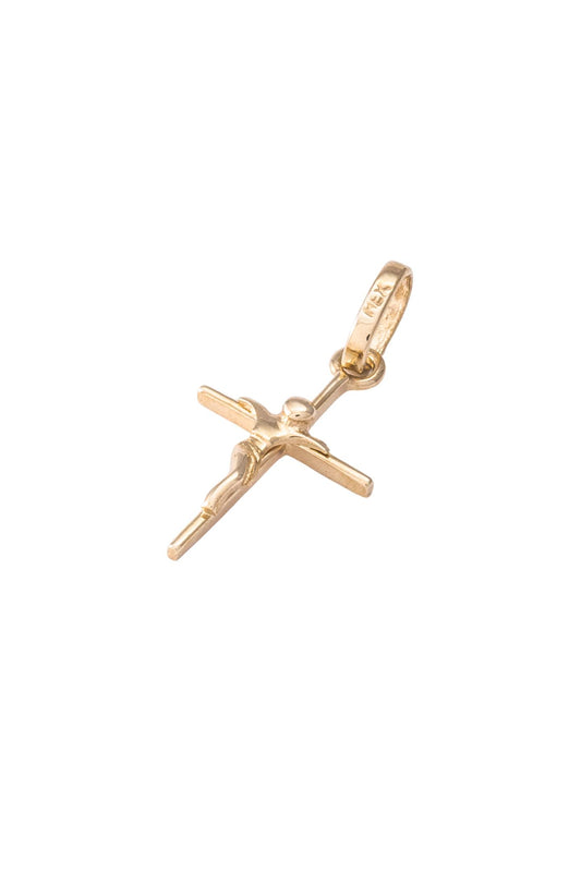 Dije de oro sólido en 14 kilates con forma de cruz mini ultra fina y cristo oro amarillo..png