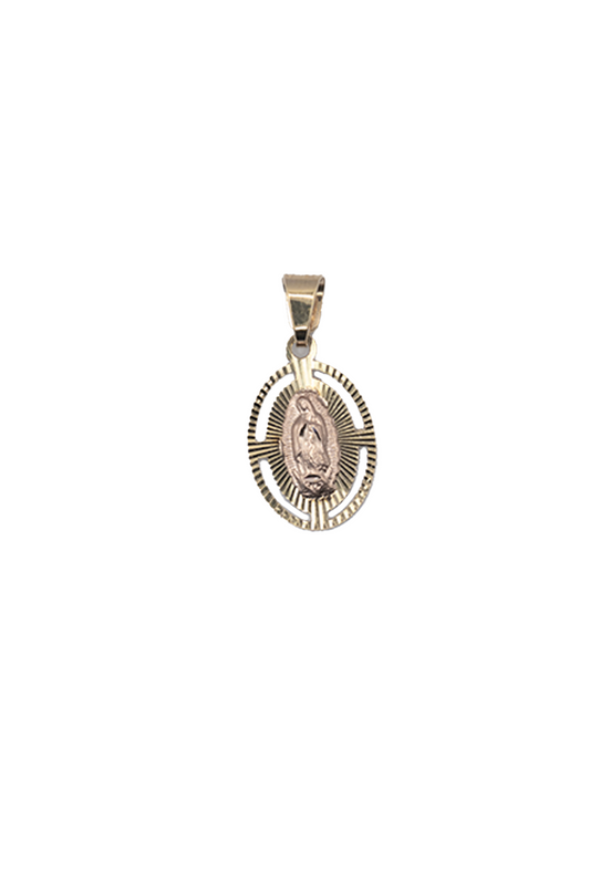 Dije medalla  Virgen de Guadalupe al centro oro rosa y contorno hueco con líneas diamantadas..png