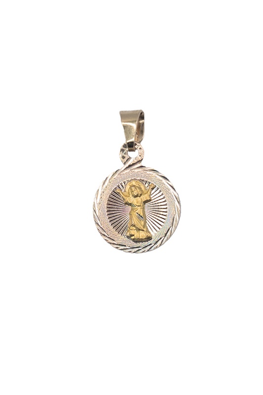 Dije medalla de oro florentino sólido con Divino Niño al centro fondo diamantado..png