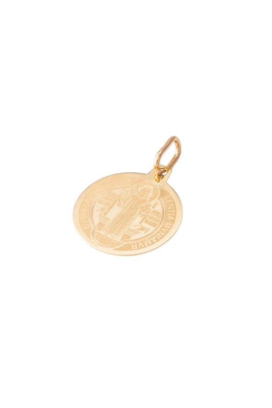 Dije medalla de oro solido en 10 kilates con forma circular con un grabado de san benito.png
