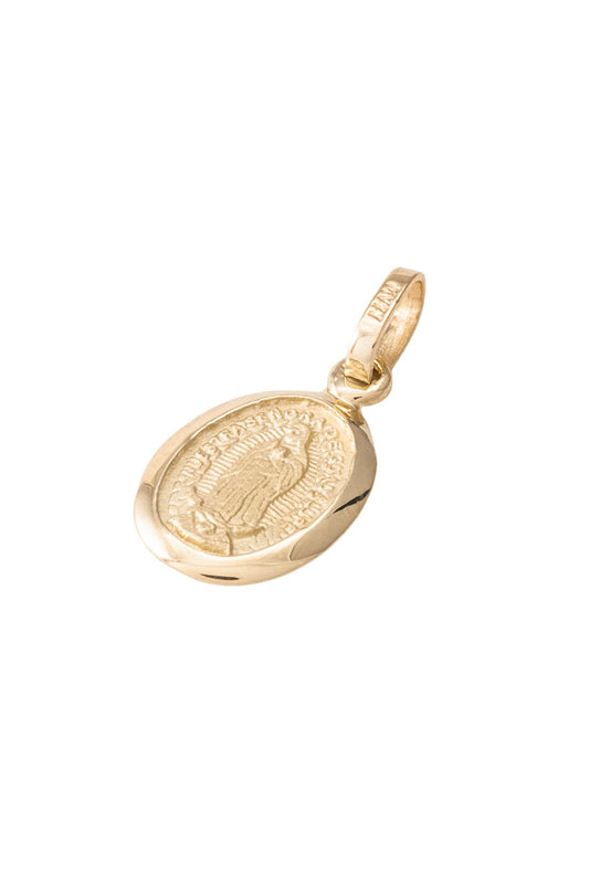 Dije medalla de oro sólido en 14 kilates con imágen de Virgen de Guadalupe mate y contorno bisel liso..png