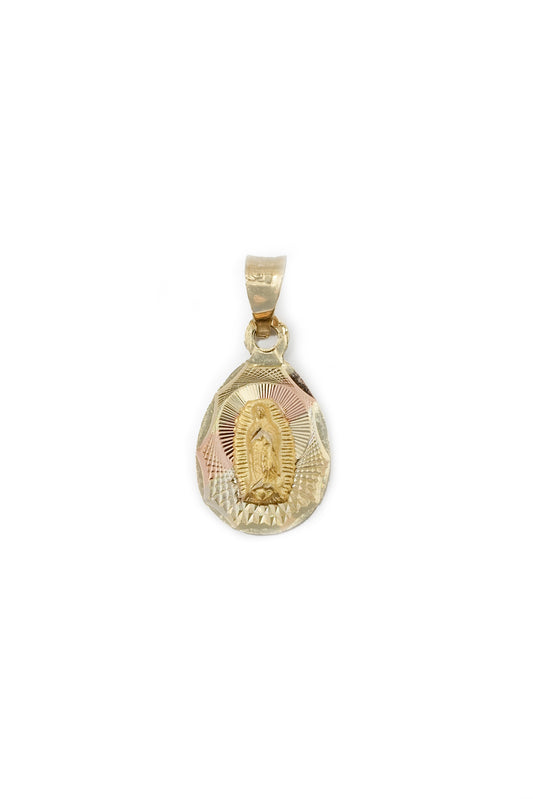 Dije medalla en gota de oro florentino sólido en 10 kilates con Virgen de Guadalupe..png