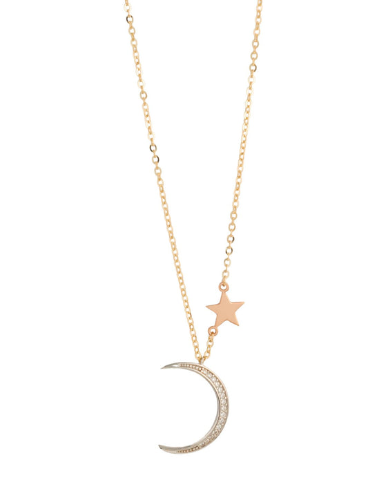 Gargantilla 10 kilates dije de luna en oro blanco grande con zirconias y estrella oro rosa placa lisa.png