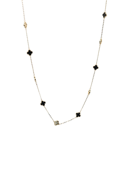 Gargantilla 10 kilates dijes de flor de cuatro pétalos diamantadas y negro chicos..png