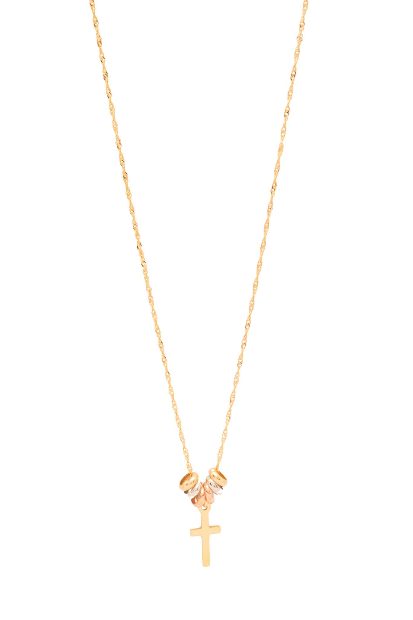 Gargantilla 10 kilates estilo de cadena serpentina delgada, semanario en oro florentino y cruz colgante..png