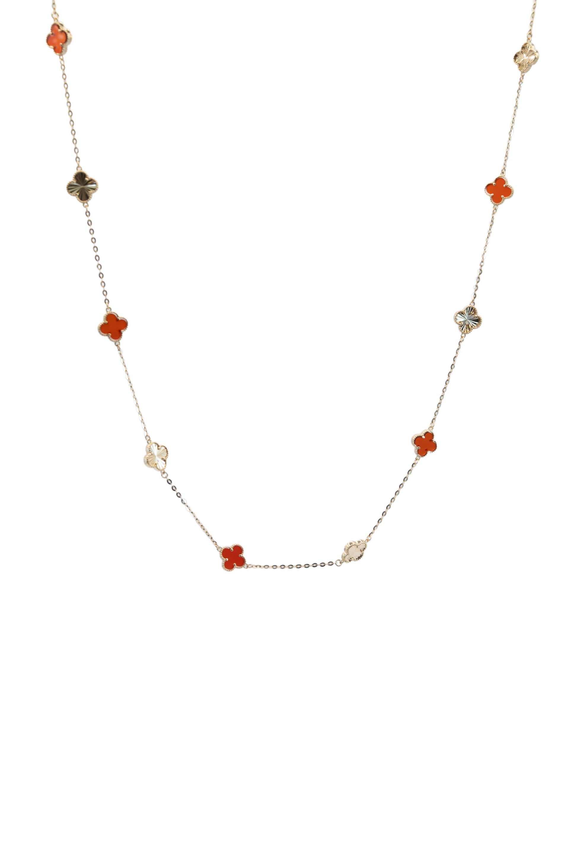 Gargantilla 10 kilates flor de cuatro pétalos diamantadas y rojas chicas..png