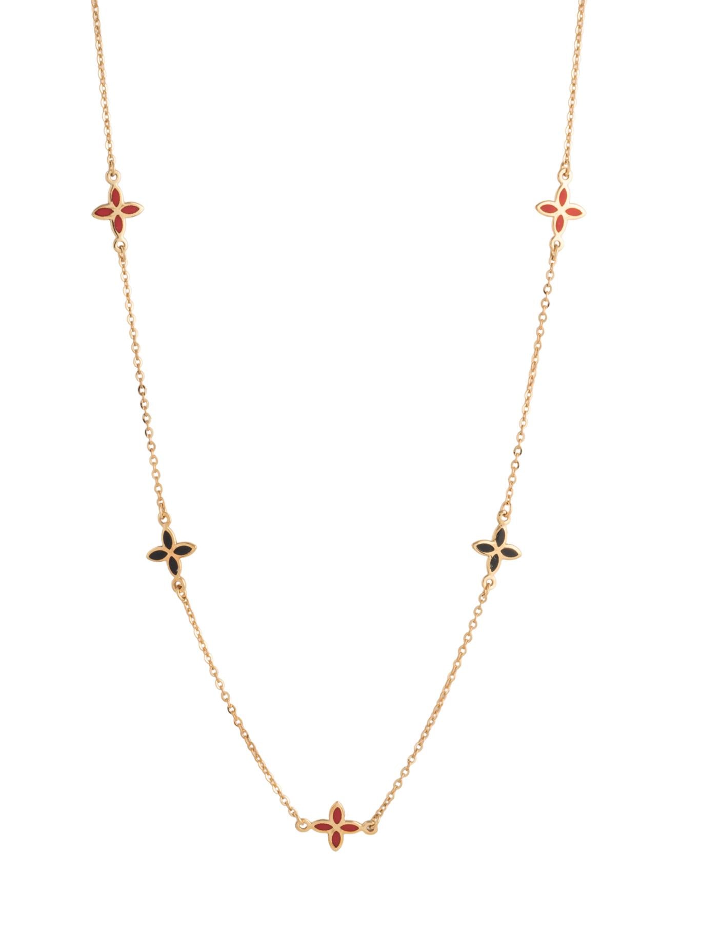 Gargantilla 10 kilates flores de cuatro pétalos picudos esmaltadas en negro y rojo intercaladas.png