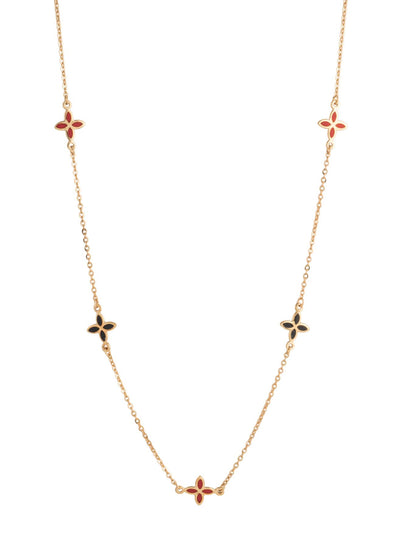 Gargantilla 10 kilates flores de cuatro pétalos picudos esmaltadas en negro y rojo intercaladas.png