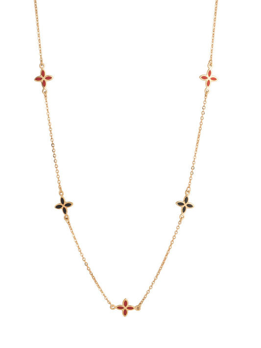 Gargantilla 10 kilates flores de cuatro pétalos picudos esmaltadas en negro y rojo intercaladas.png