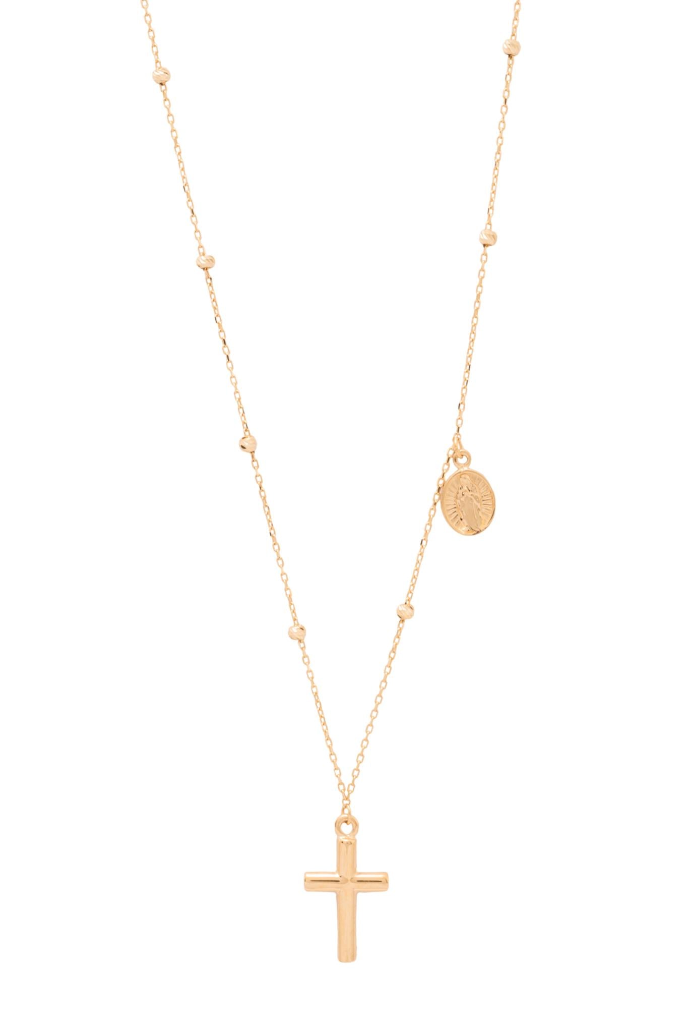 Gargantilla 14 kilates bolitas de oro diamantado por la cadena y cruz lisa mediana al centro..png