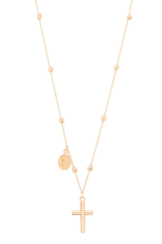 Gargantilla de oro sólido en 10 kilates con bolitas alrededor de la cadena estilo diamantado con una cruz lisa en el centro.png