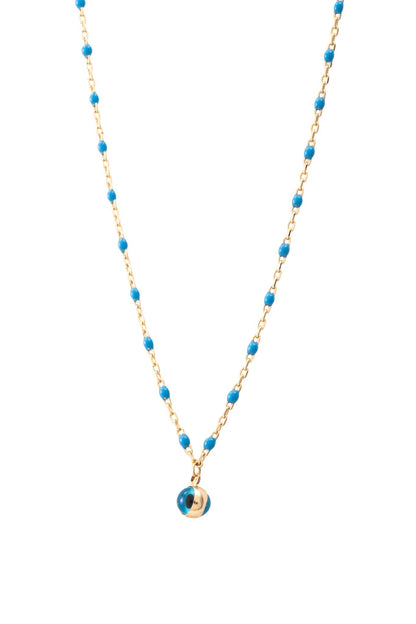 Gargantilla de oro solido en 10 kilates con bolitas color azul con un ojo turco en el centro.png
