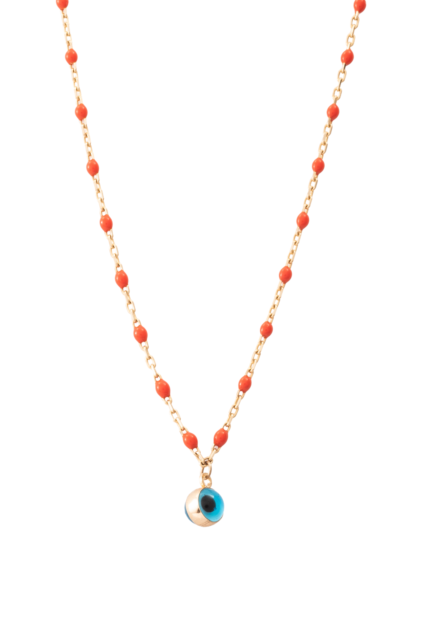 Gargantilla de oro solido en 10 kilates con bolitas color naranja con un ojo turco en el centro.png