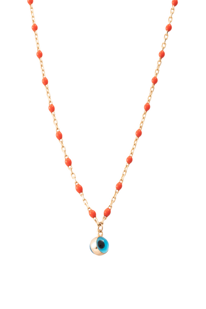 Gargantilla de oro solido en 10 kilates con bolitas color naranja con un ojo turco en el centro.png