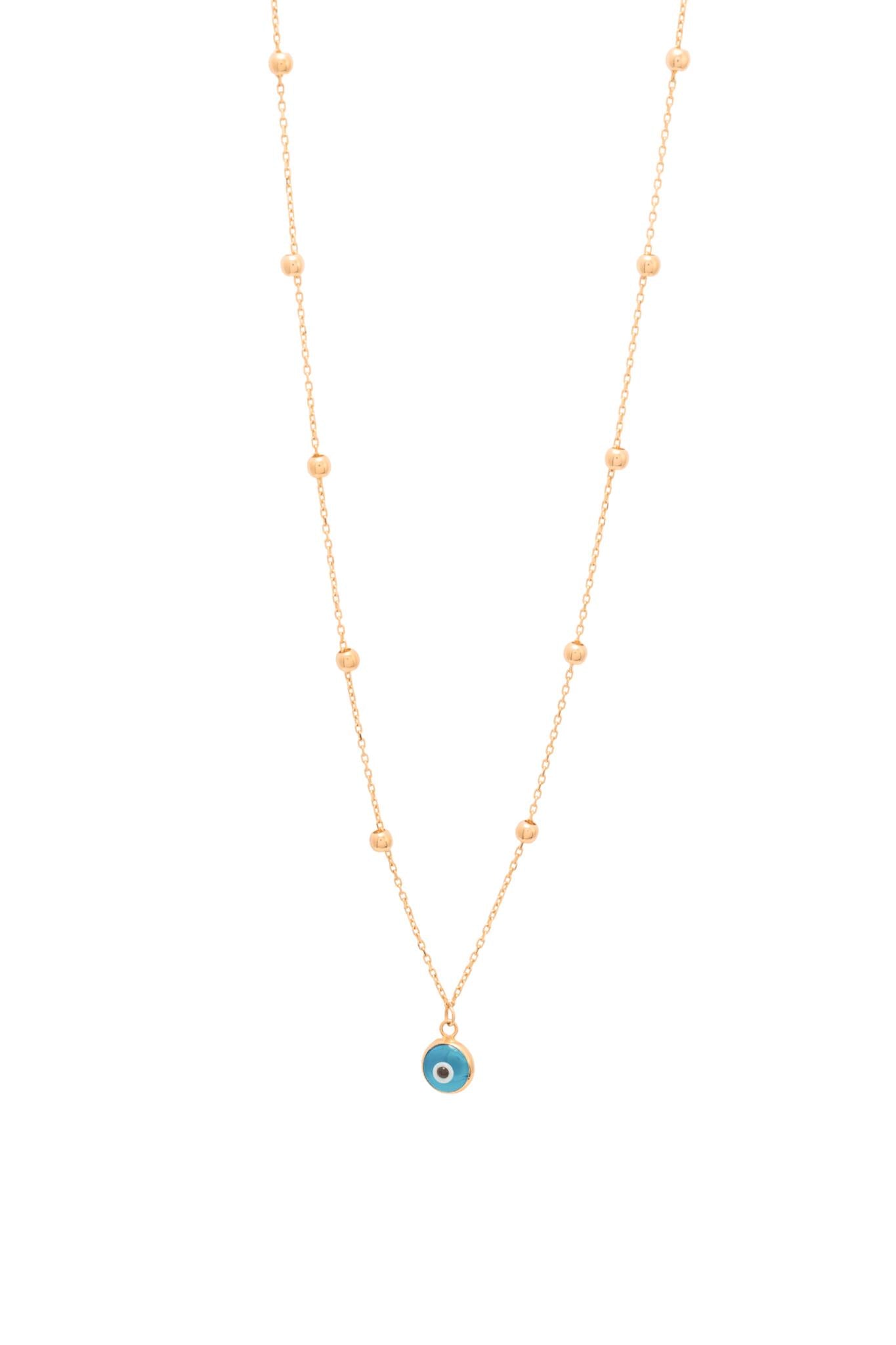 Gargantilla de oro sólido en 10 kilates con bolitas lisas y dije de ojo turco biselado..png