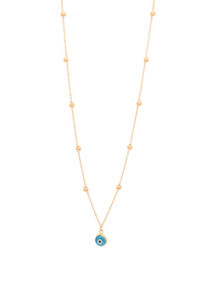 Gargantilla de oro sólido en 10 kilates con bolitas lisas y dije de ojo turco biselado..png