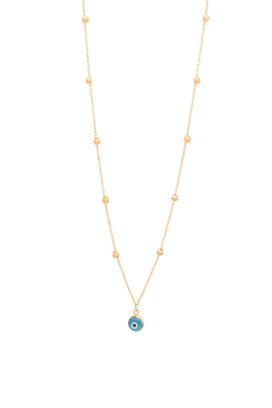 Gargantilla de oro sólido en 10 kilates con bolitas lisas y dije de ojo turco biselado..png