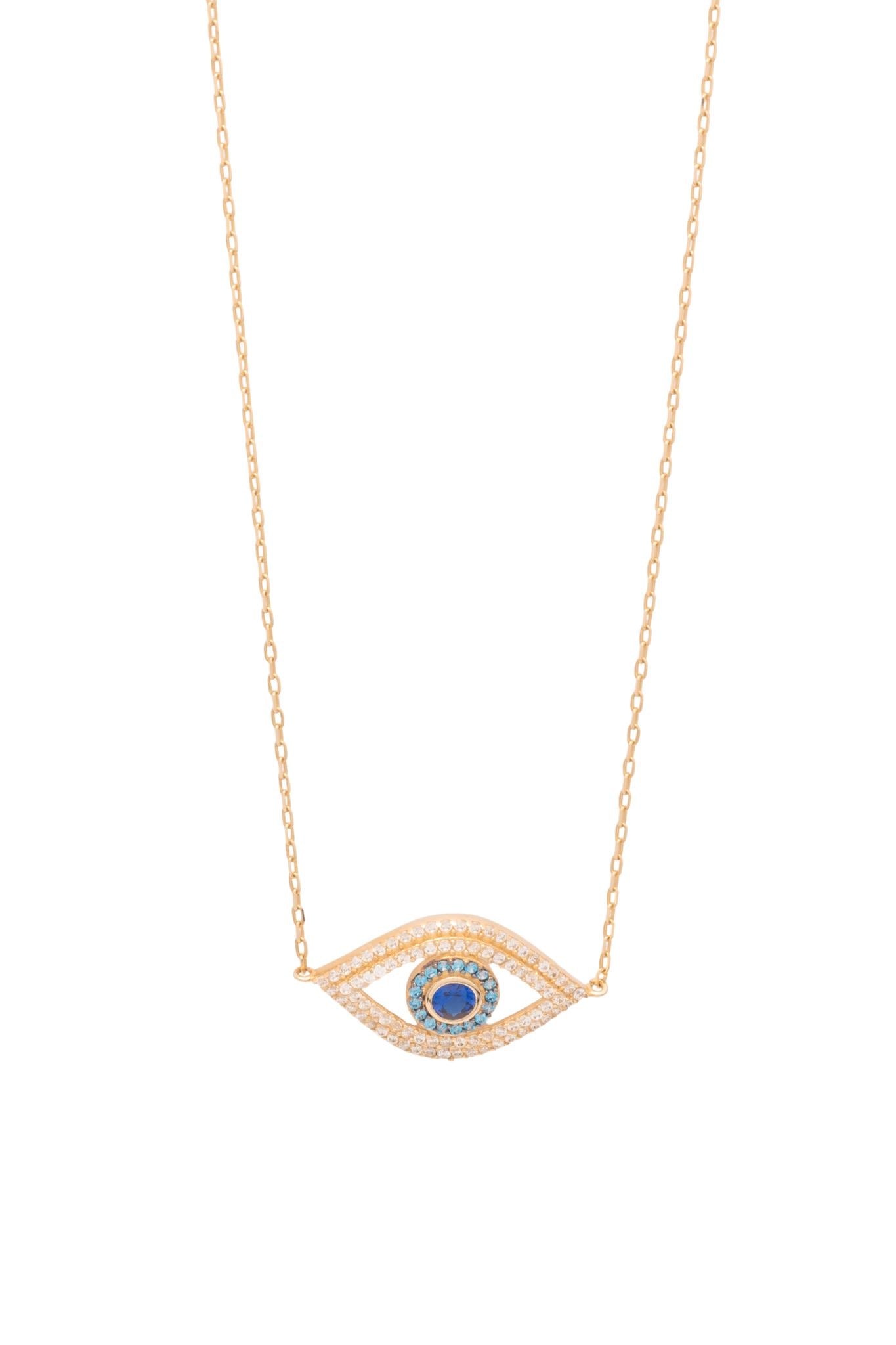 Gargantilla de oro sólido en 10 kilates con dije de ojo de zirconias blamcas, azules y centro zirconia azul grande..png