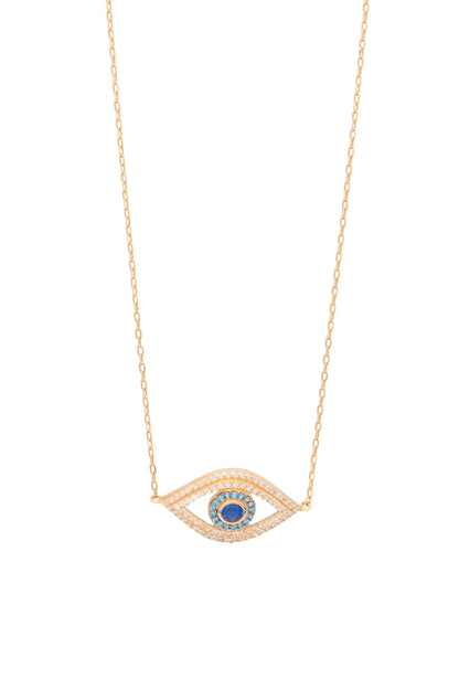 Gargantilla de oro sólido en 10 kilates con dije de ojo de zirconias blamcas, azules y centro zirconia azul grande..png