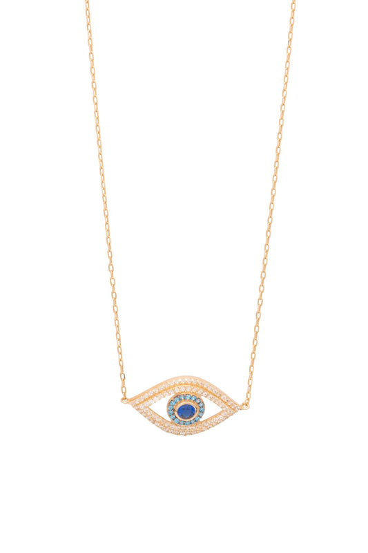 Gargantilla de oro sólido en 10 kilates con dije de ojo de zirconias blamcas, azules y centro zirconia azul grande..png